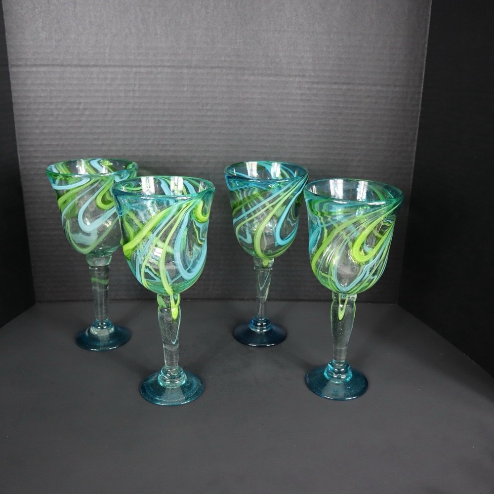 Set Of 4 Matching Hand Blown Mexican Blue/Green Swirl Margarita Glasses 9.5 in. - Picture 3 of 9